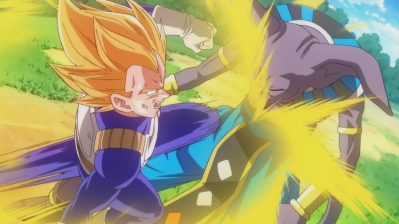 A popular moment for the fans of the series, Vegeta fights Beerus after witnessing his wife being slapped by him which allows his rage to surpass Goku's Super Saiyan 3 power.